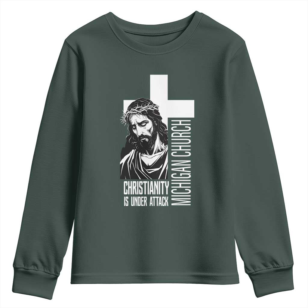 Christianity Is Under Attack Youth Sweatshirt Jesus Stand for Faith Michigan Church TS02 Dark Forest Green Print Your Wear