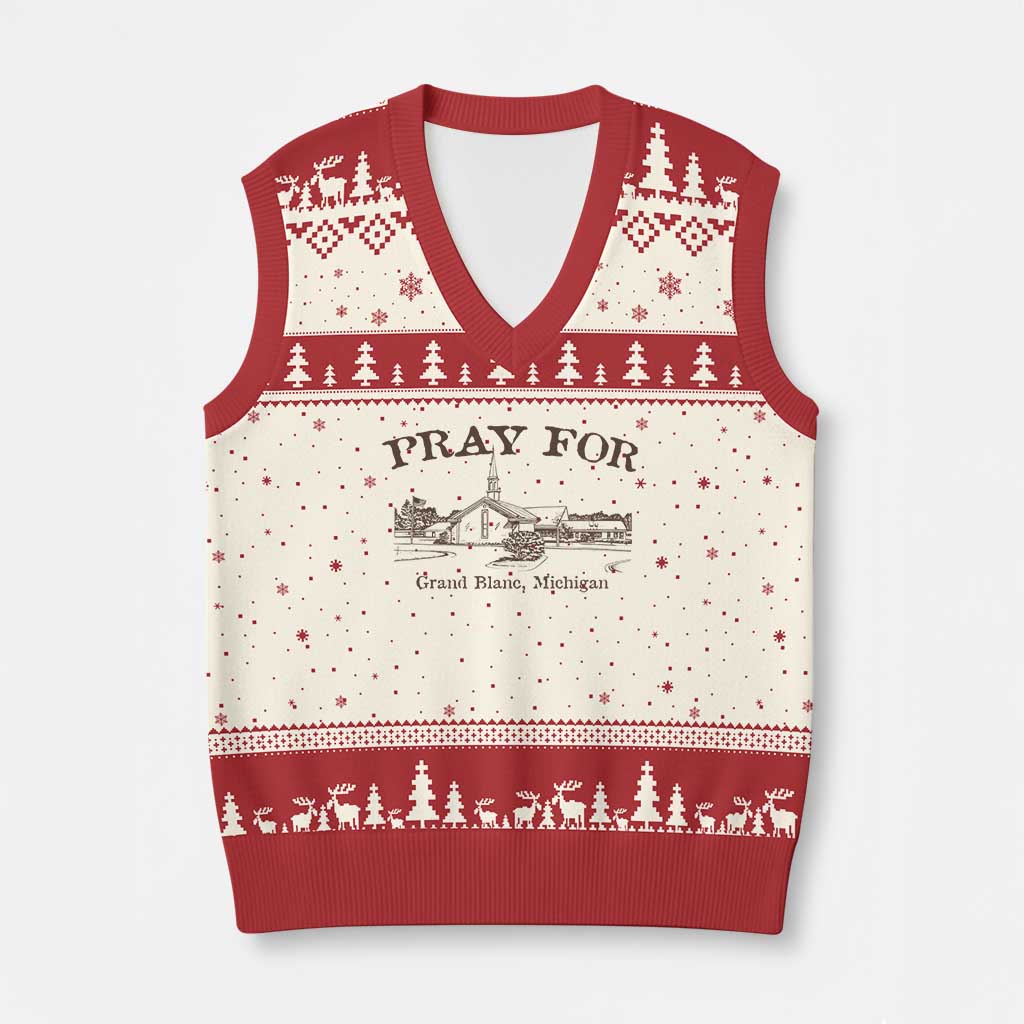 Pray for Grand Blanc Michigan V-Neck Knit Sweater Vest Vintage Church Faith Support TS02 Beige Red Print Your Wear