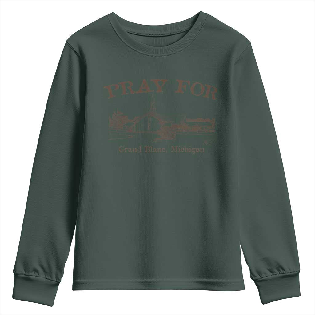 Pray for Grand Blanc Michigan Youth Sweatshirt Vintage Church Faith Support TS02 Dark Forest Green Print Your Wear