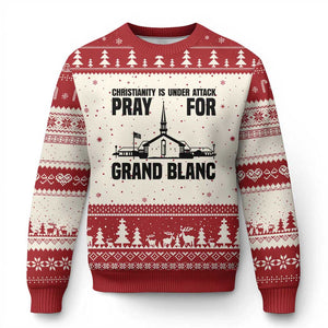 Christianity Is Under Attack Ugly Christmas Sweater Pray for Grand Blanc Church Michigan Faith Support TS02 Beige Red Print Your Wear