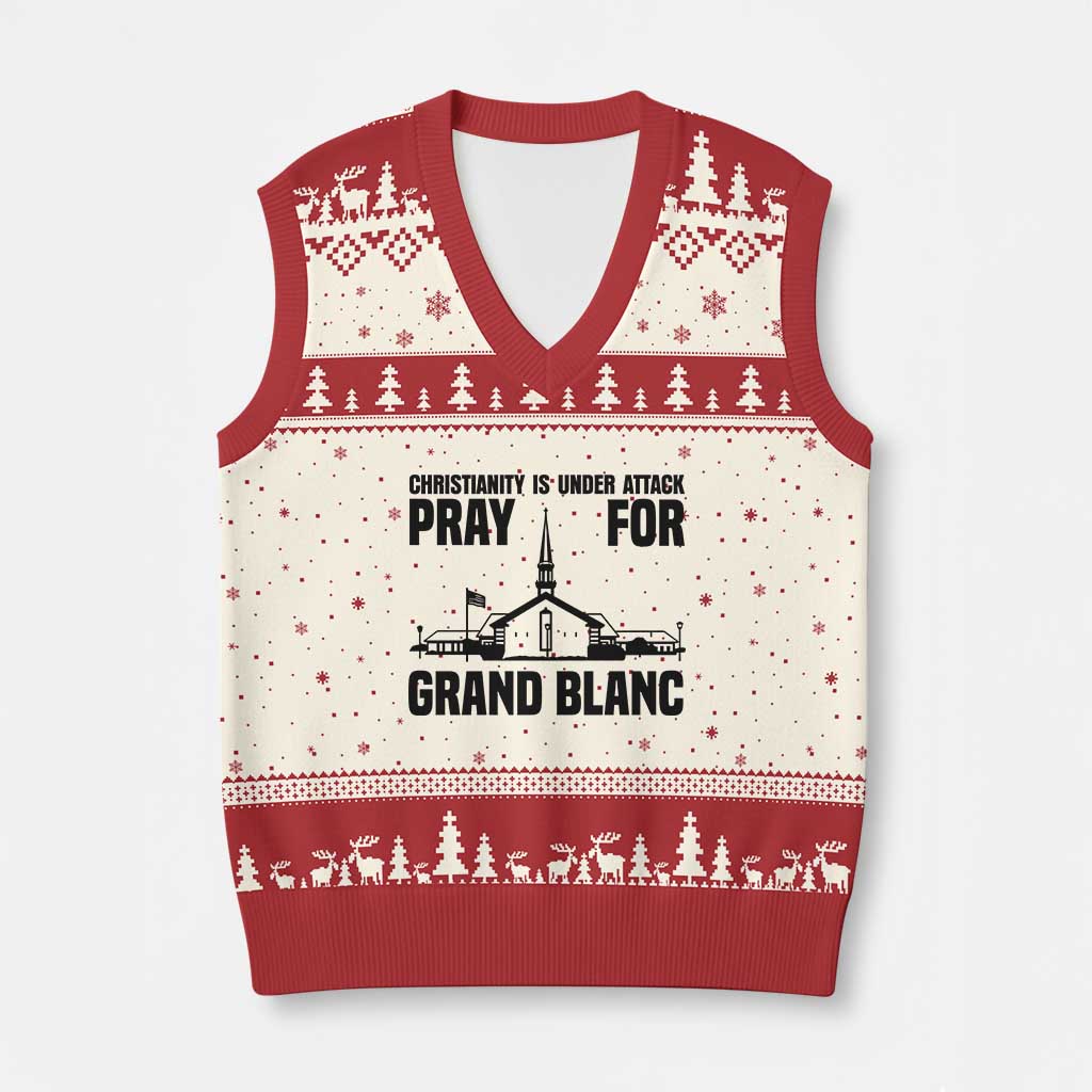 Christianity Is Under Attack V-Neck Knit Sweater Vest Pray for Grand Blanc Church Michigan Faith Support TS02 Beige Red Print Your Wear