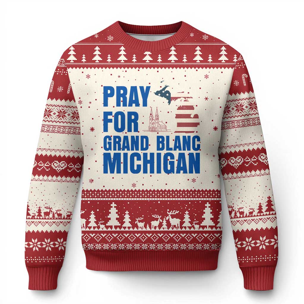 Pray for Grand Blanc Michigan Ugly Christmas Sweater American Flag Christian Support TS02 Beige Red Print Your Wear