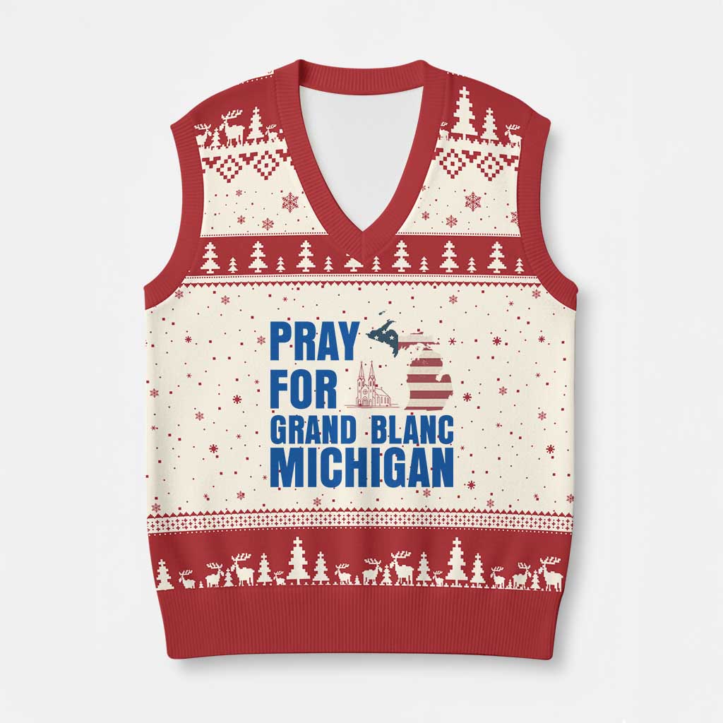 Pray for Grand Blanc Michigan V-Neck Knit Sweater Vest American Flag Christian Support TS02 Beige Red Print Your Wear
