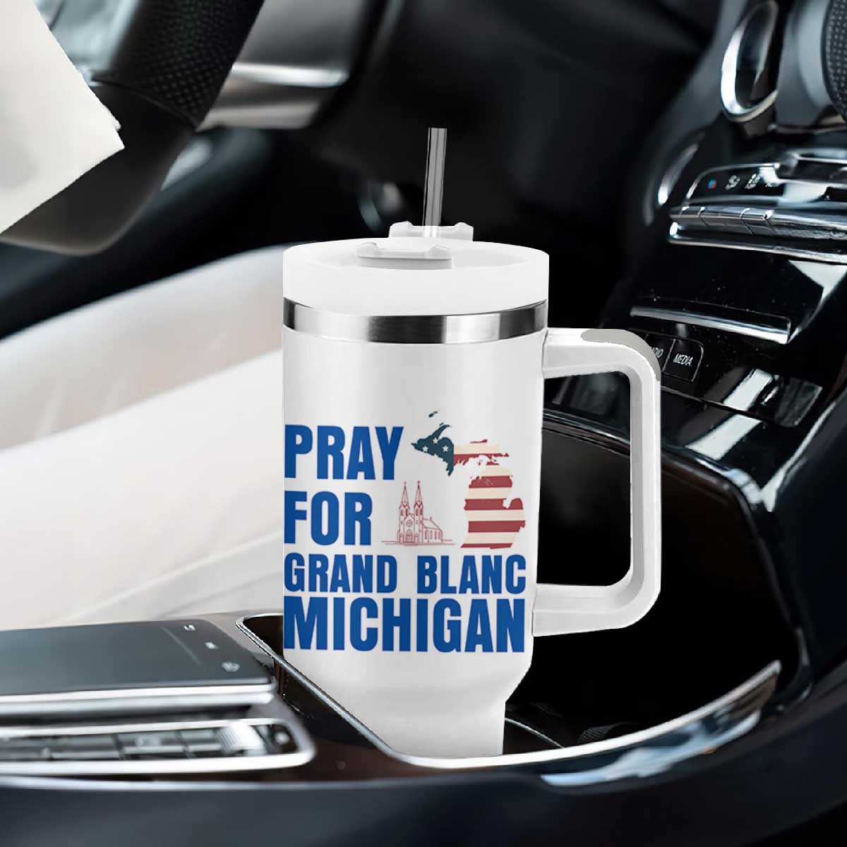 Pray for Grand Blanc Michigan Tumbler With Handle American Flag Christian Support TS02 Print Your Wear