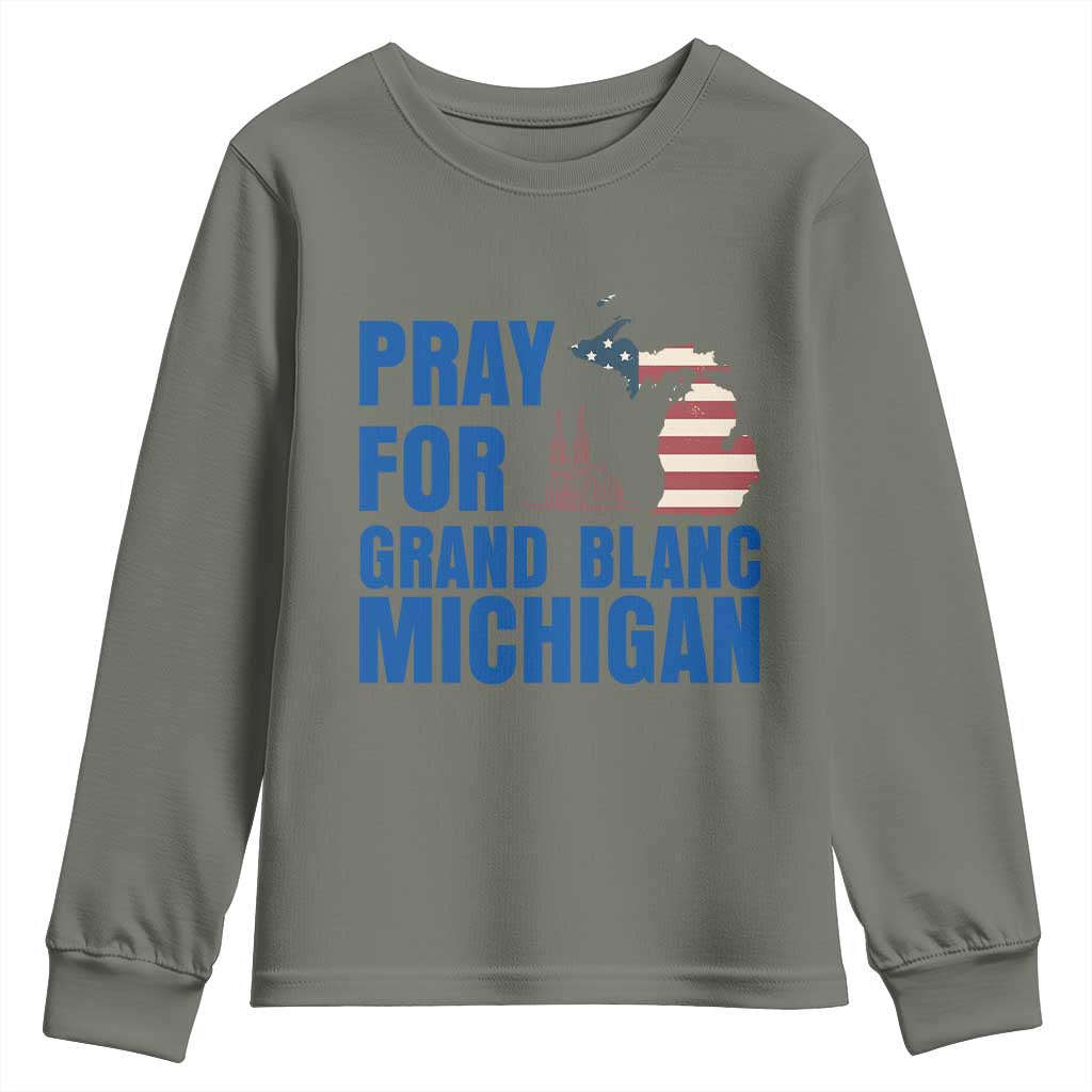 Pray for Grand Blanc Michigan Youth Sweatshirt American Flag Christian Support TS02 Military Green Print Your Wear