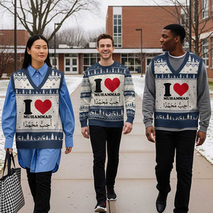 I Love Muhammad V-Neck Knit Sweater Vest Musliam Identity Islamic Peace and Pride TS02 Beige Navy Print Your Wear