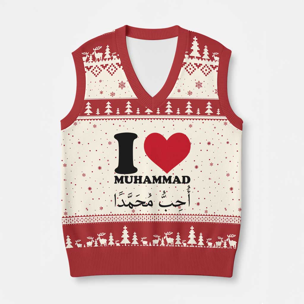 I Love Muhammad V-Neck Knit Sweater Vest Musliam Identity Islamic Peace and Pride TS02 Beige Red Print Your Wear