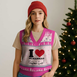 I Love Muhammad V-Neck Knit Sweater Vest Musliam Identity Islamic Peace and Pride TS02 Hot Pink Print Your Wear