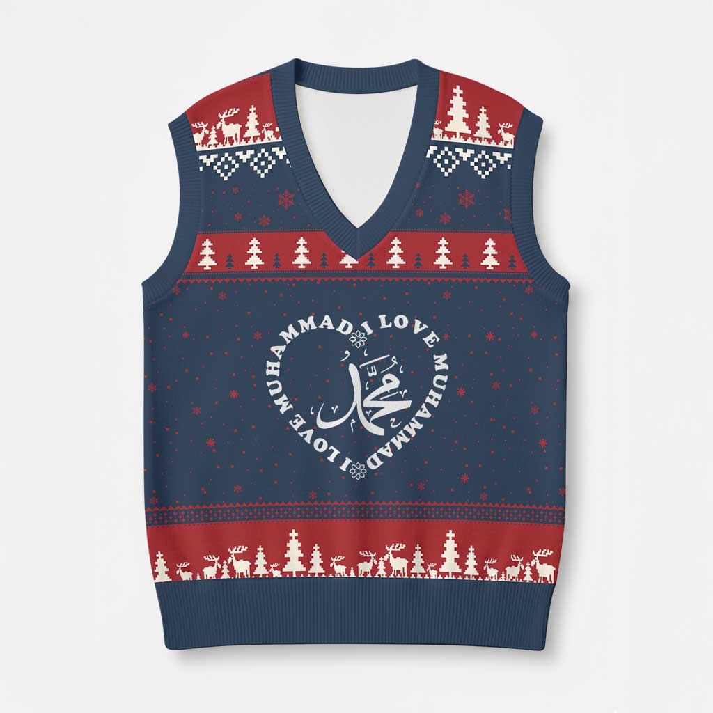 I Love Muhammad V-Neck Knit Sweater Vest Musliam Identity Peace Pride Islamic Calligraphy TS02 Navy Red Print Your Wear