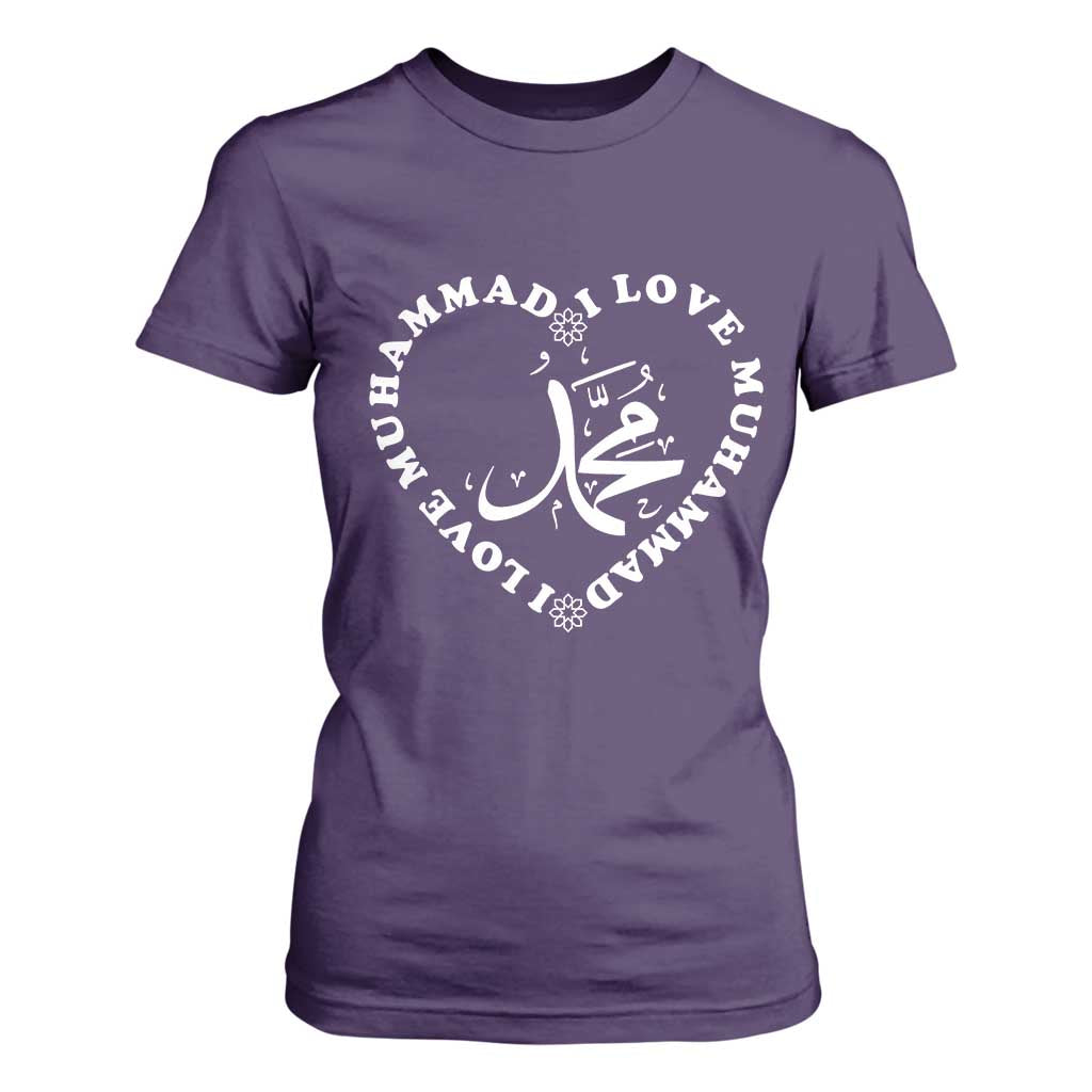 I Love Muhammad T Shirt For Women Musliam Identity Peace Pride Islamic Calligraphy TS02 Purple Print Your Wear