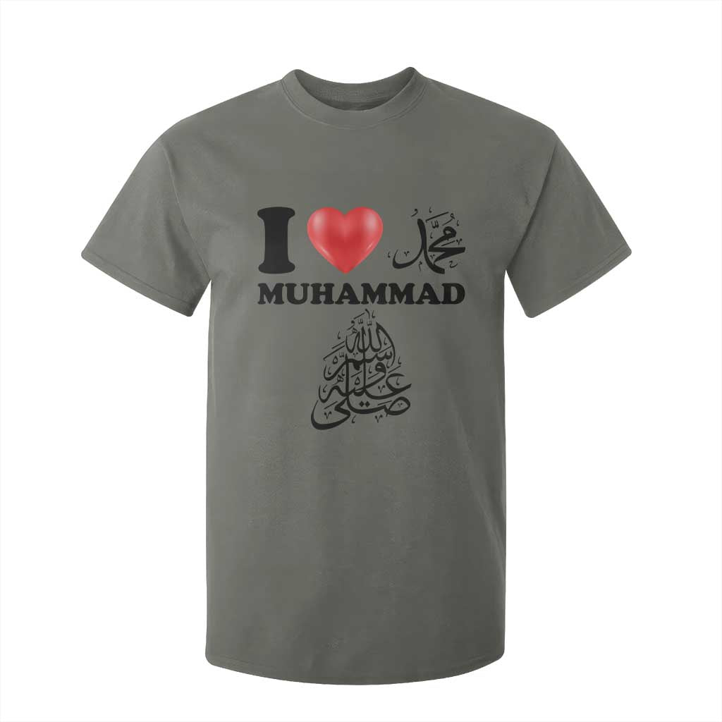 I Love Muhammad T Shirt For Kid Musliam Identity Faith Peace Pride Islamic Calligraphy TS02 Military Green Print Your Wear