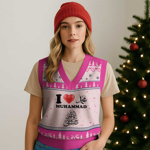 I Love Muhammad V-Neck Knit Sweater Vest Musliam Identity Faith Peace Pride Islamic Calligraphy TS02 Hot Pink Print Your Wear