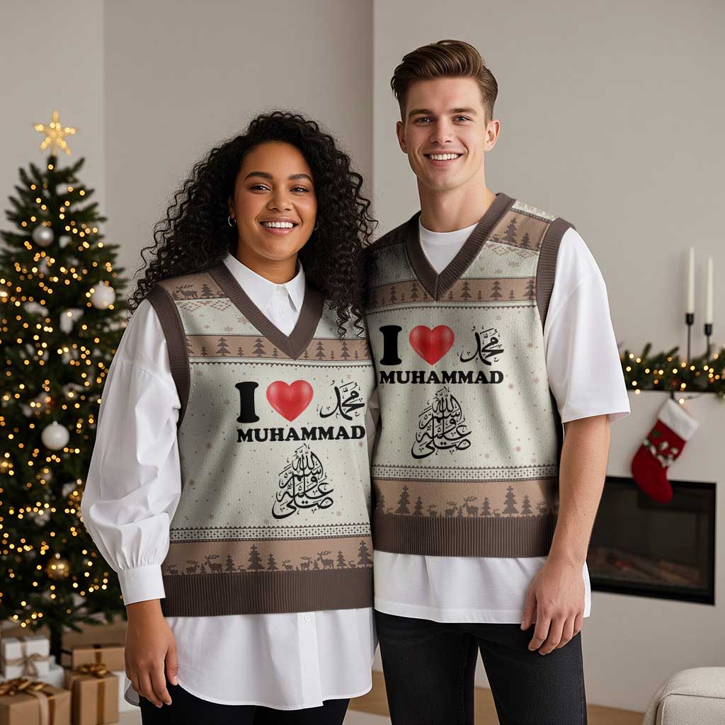 I Love Muhammad V-Neck Knit Sweater Vest Musliam Identity Faith Peace Pride Islamic Calligraphy TS02 Mocha Mousse Print Your Wear