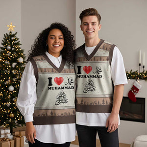 I Love Muhammad V-Neck Knit Sweater Vest Musliam Identity Faith Peace Pride Islamic Calligraphy TS02 Mocha Mousse Print Your Wear