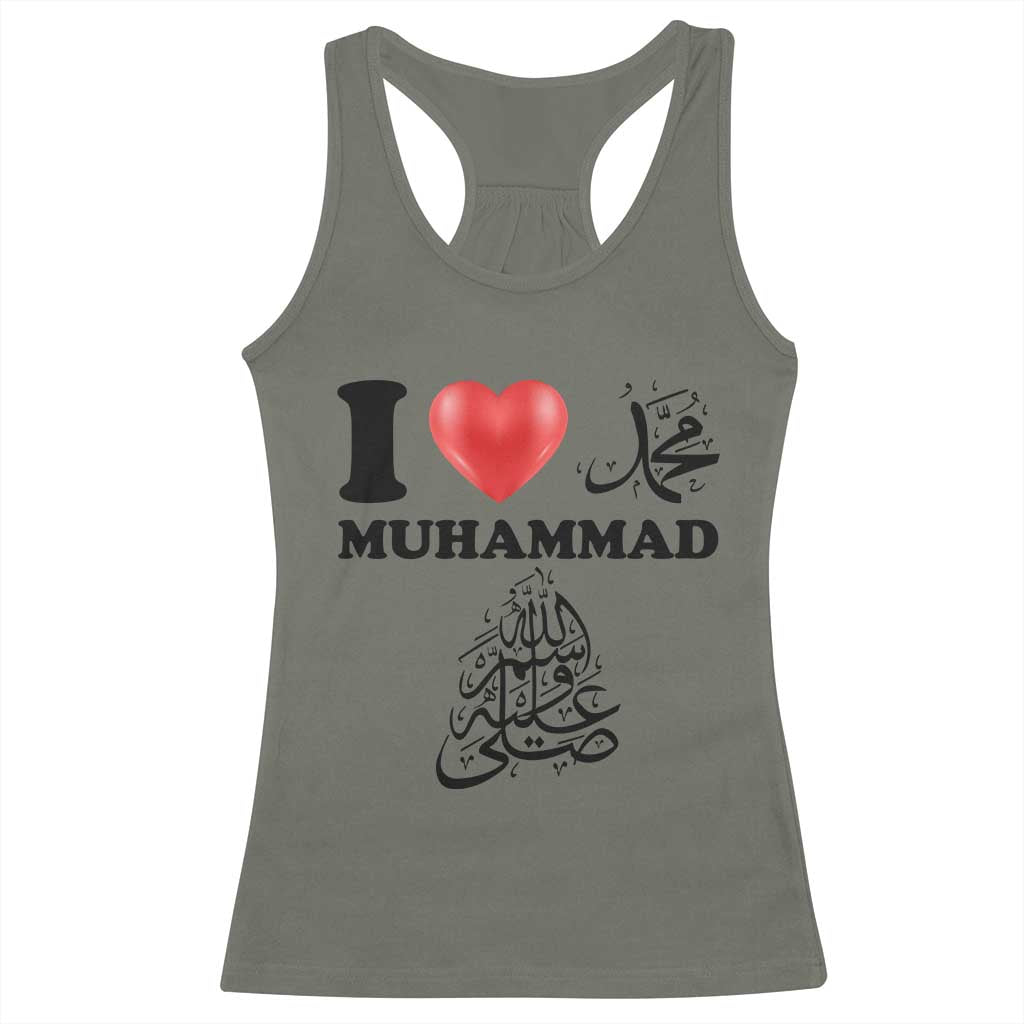 I Love Muhammad Racerback Tank Top Musliam Identity Faith Peace Pride Islamic Calligraphy TS02 Military Green Print Your Wear