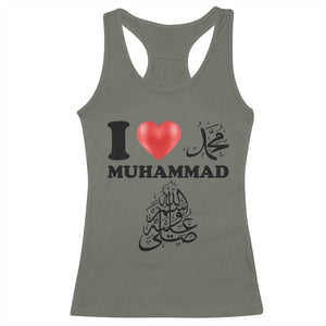 I Love Muhammad Racerback Tank Top Musliam Identity Faith Peace Pride Islamic Calligraphy TS02 Military Green Print Your Wear