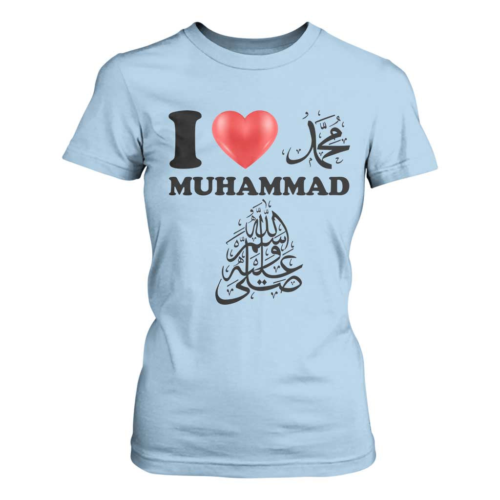 I Love Muhammad T Shirt For Women Musliam Identity Faith Peace Pride Islamic Calligraphy TS02 Light Blue Print Your Wear
