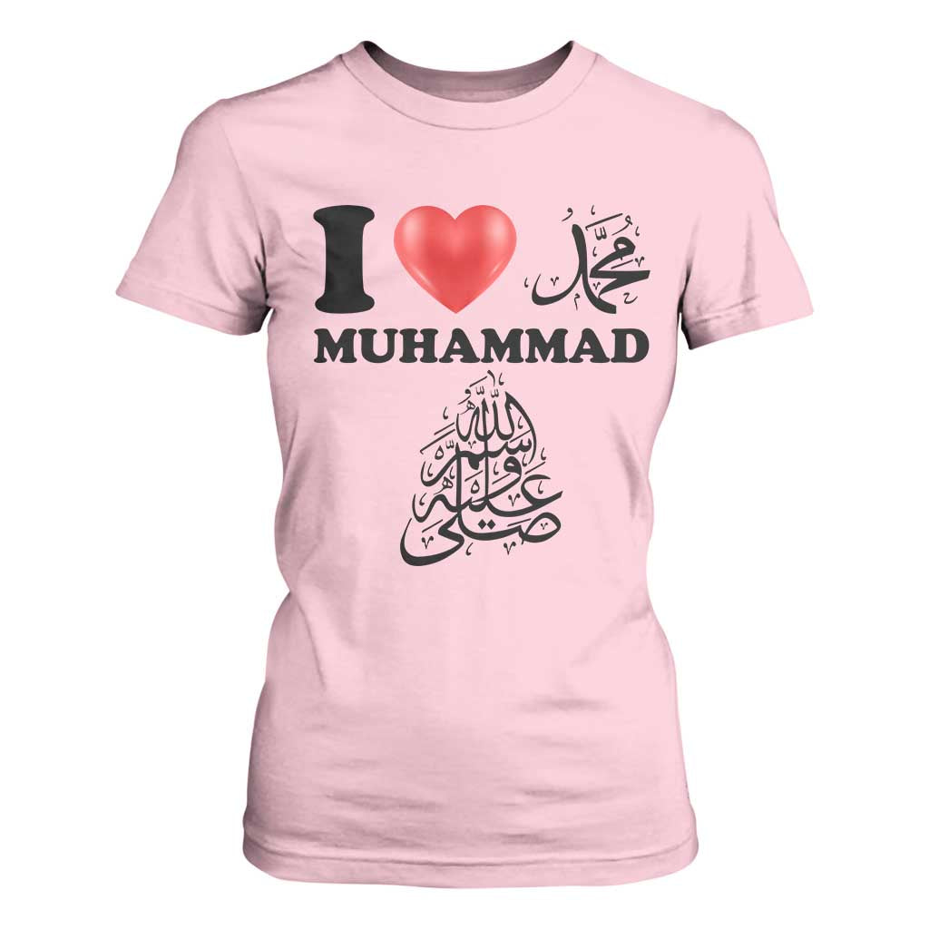 I Love Muhammad T Shirt For Women Musliam Identity Faith Peace Pride Islamic Calligraphy TS02 Light Pink Print Your Wear