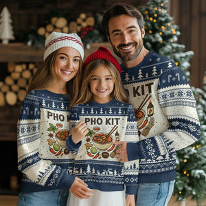 Funny Pho Kit Vietnamese Noodle Pun Ugly Christmas Sweater Ramen Pho Lovers Hilarious Foodie Graphic TS02 Beige Navy Print Your Wear