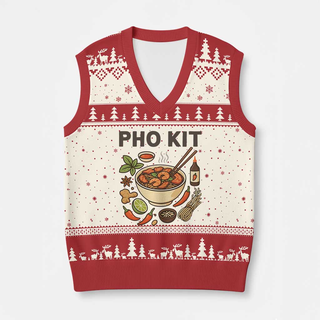 Funny Pho Kit Vietnamese Noodle Pun V-Neck Knit Sweater Vest Ramen Pho Lovers Hilarious Foodie Graphic TS02 Beige Red Print Your Wear