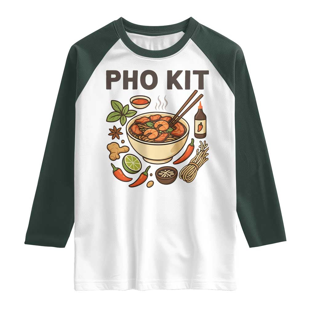 Funny Pho Kit Vietnamese Noodle Pun Raglan Shirt Ramen Pho Lovers Hilarious Foodie Graphic TS02 White Dark Forest Green Print Your Wear