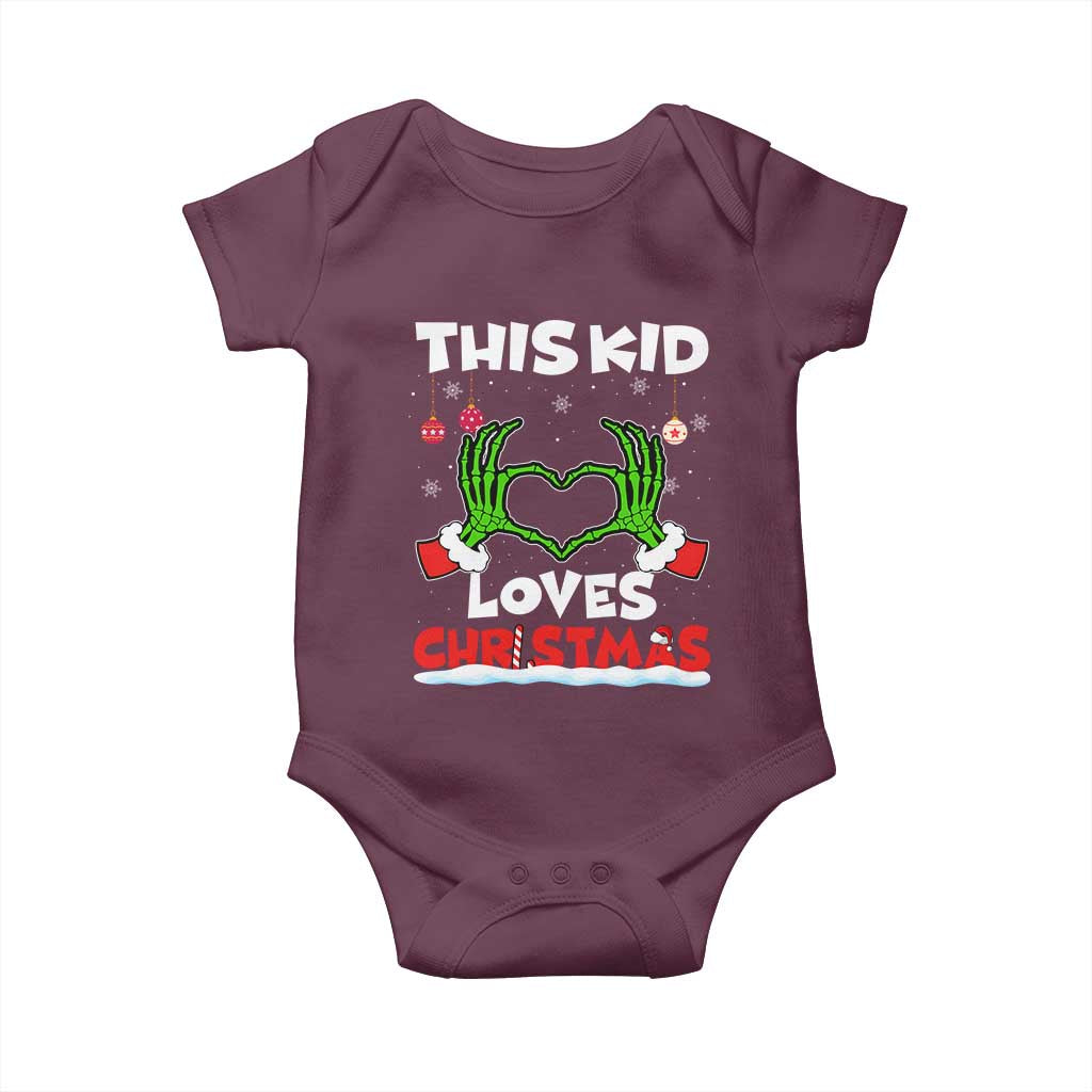 Funny Christmas Baby Onesie This Kid Loves Xmas Skeleton Heart TS02 Maroon Print Your Wear