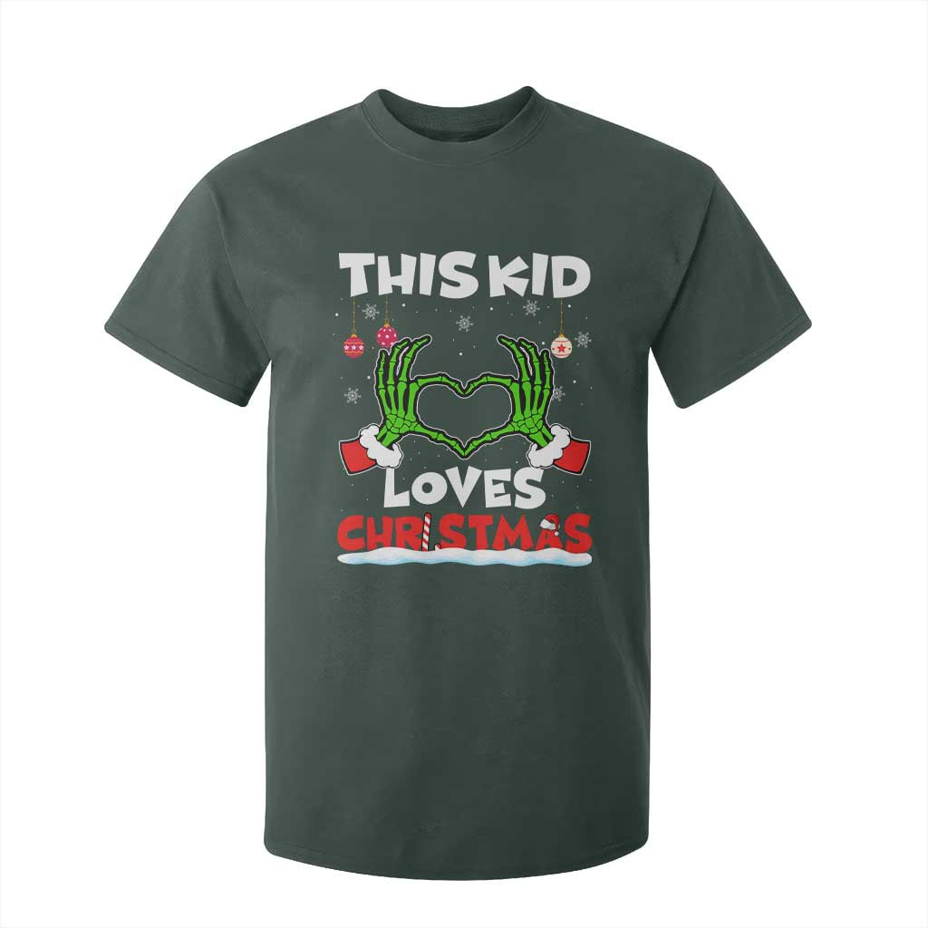 Funny Christmas T Shirt For Kid This Kid Loves Xmas Skeleton Heart TS02 Dark Forest Green Print Your Wear