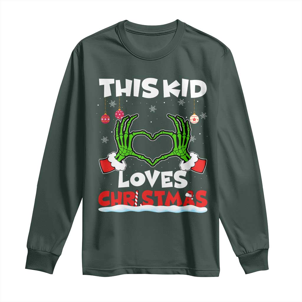 Funny Christmas Long Sleeve Shirt This Kid Loves Xmas Skeleton Heart TS02 Dark Forest Green Print Your Wear