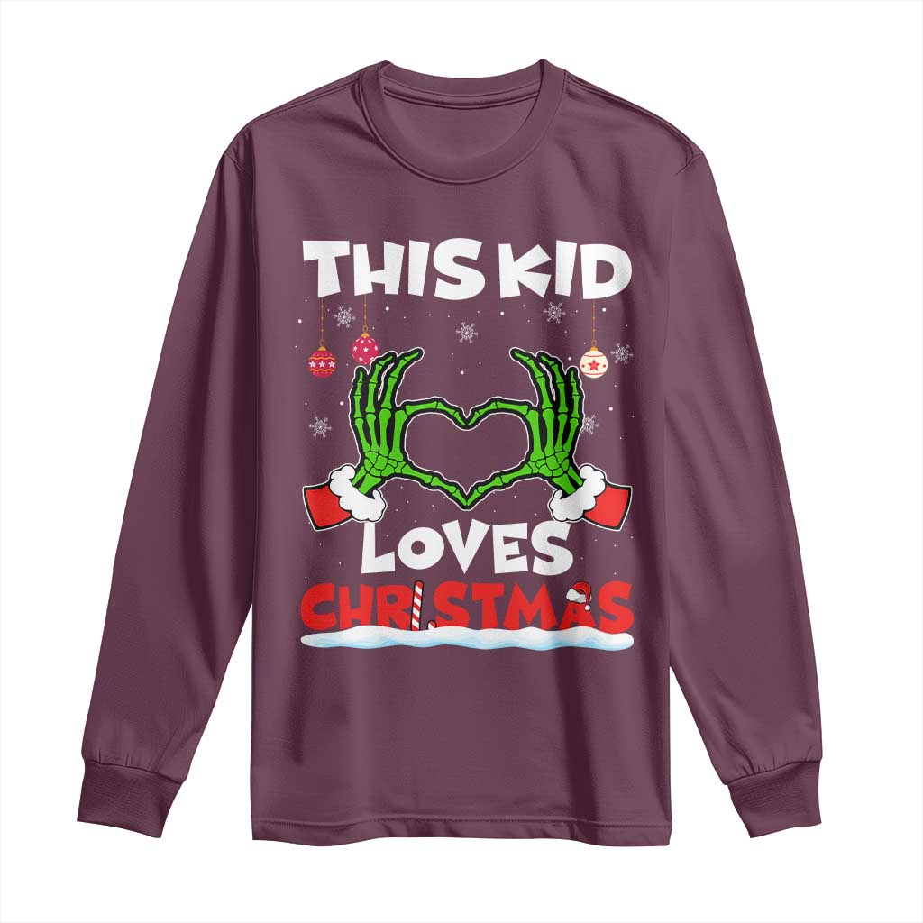 Funny Christmas Long Sleeve Shirt This Kid Loves Xmas Skeleton Heart TS02 Maroon Print Your Wear