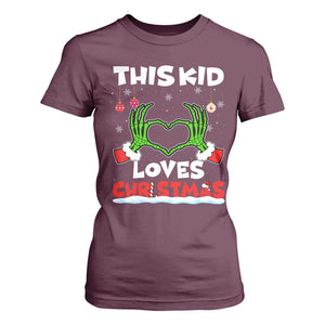 Funny Christmas T Shirt For Women This Kid Loves Xmas Skeleton Heart TS02 Maroon Print Your Wear