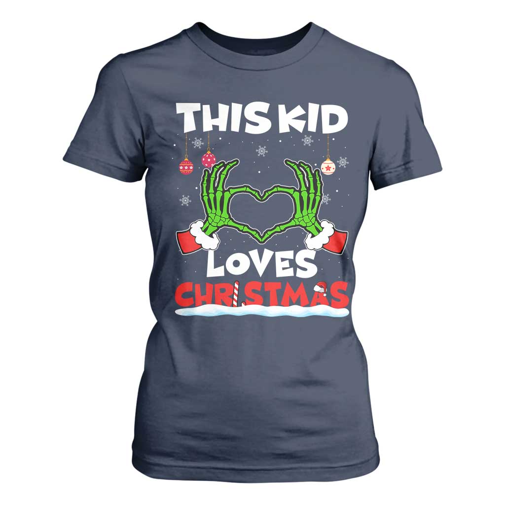 Funny Christmas T Shirt For Women This Kid Loves Xmas Skeleton Heart TS02 Navy Print Your Wear