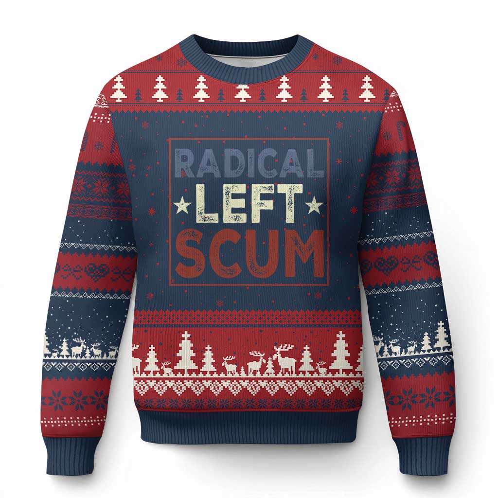 Radical Left Scum Ugly Christmas Sweater Political Satire Viral Trump Holiday Post TS02 Navy Red Print Your Wear