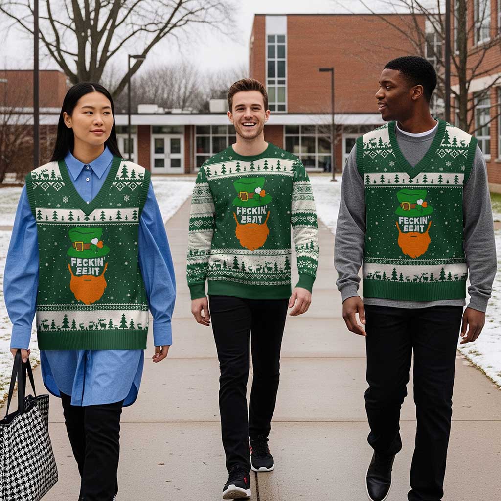 Funny St Patricks Day V-Neck Knit Sweater Vest Feckin Eejit Irish Slang Idiot Patty's Day TS02 Forest Green Beige Print Your Wear