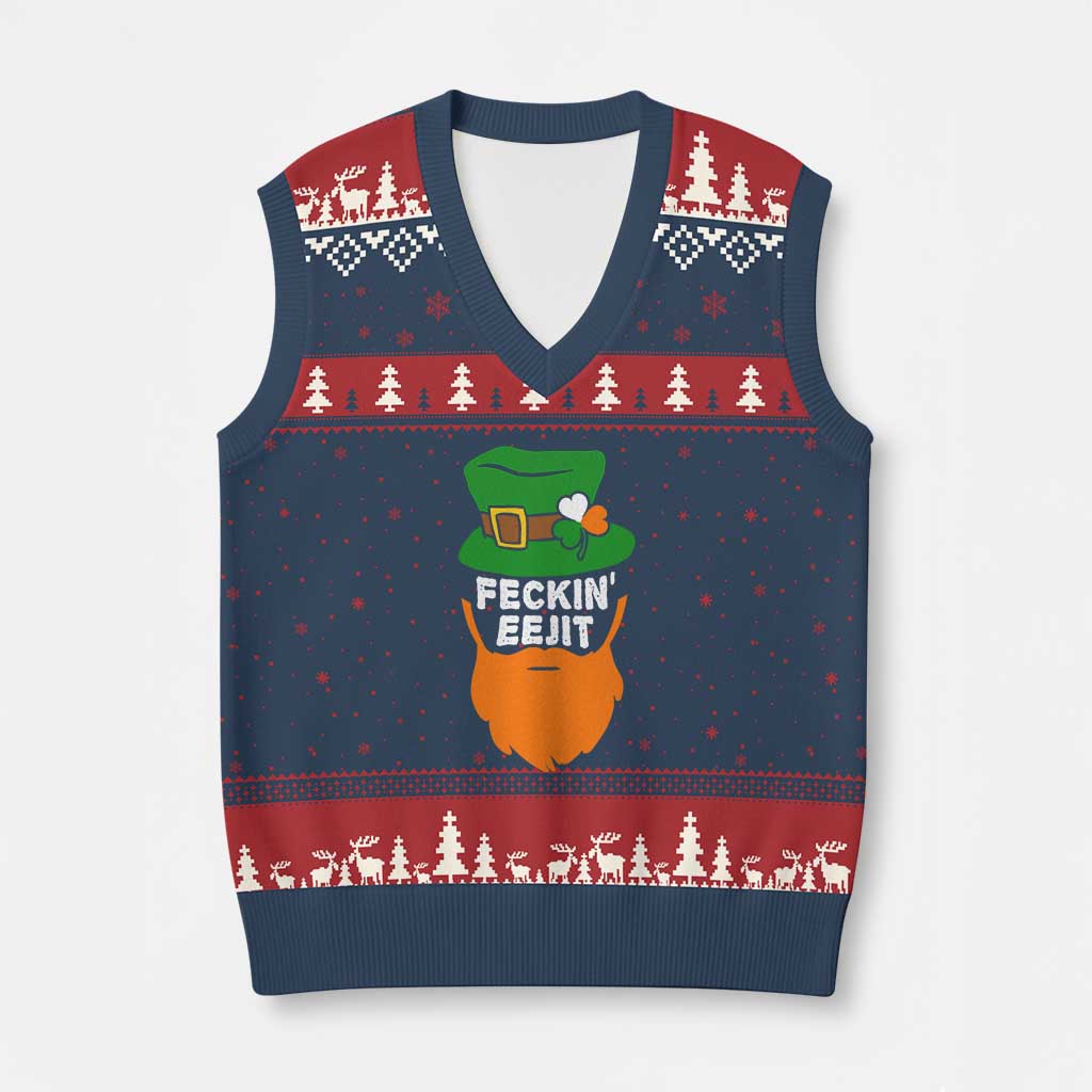 Funny St Patricks Day V-Neck Knit Sweater Vest Feckin Eejit Irish Slang Idiot Patty's Day TS02 Navy Red Print Your Wear