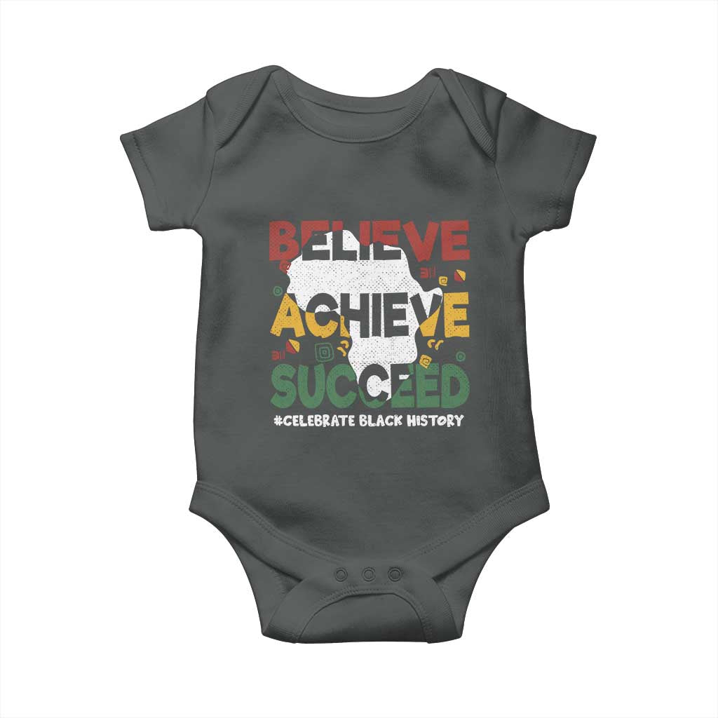 Celebrate Black History Month Baby Onesie Believe Achieve Succeed Black and Proud BHM TS02 Dark Heather Print Your Wear