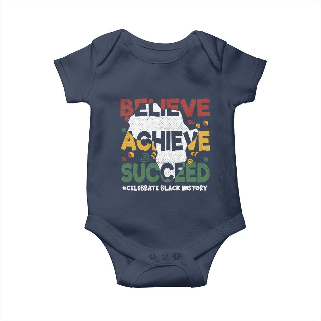 Celebrate Black History Month Baby Onesie Believe Achieve Succeed Black and Proud BHM TS02 Navy Print Your Wear