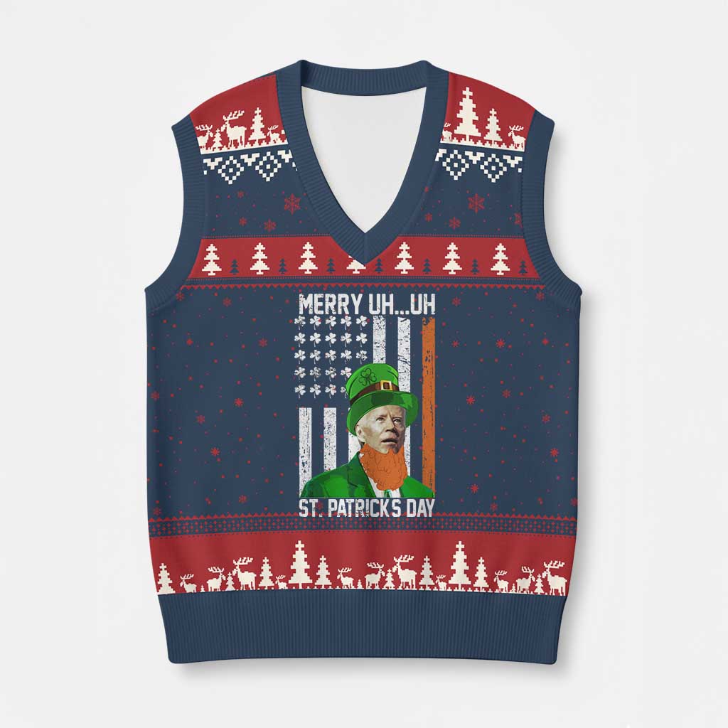 Funny Biden St Patricks Day V-Neck Knit Sweater Vest Merry 4th of Saint Patrick Uh Uh Leprechaun American Flag TS02 Navy Red Print Your Wear