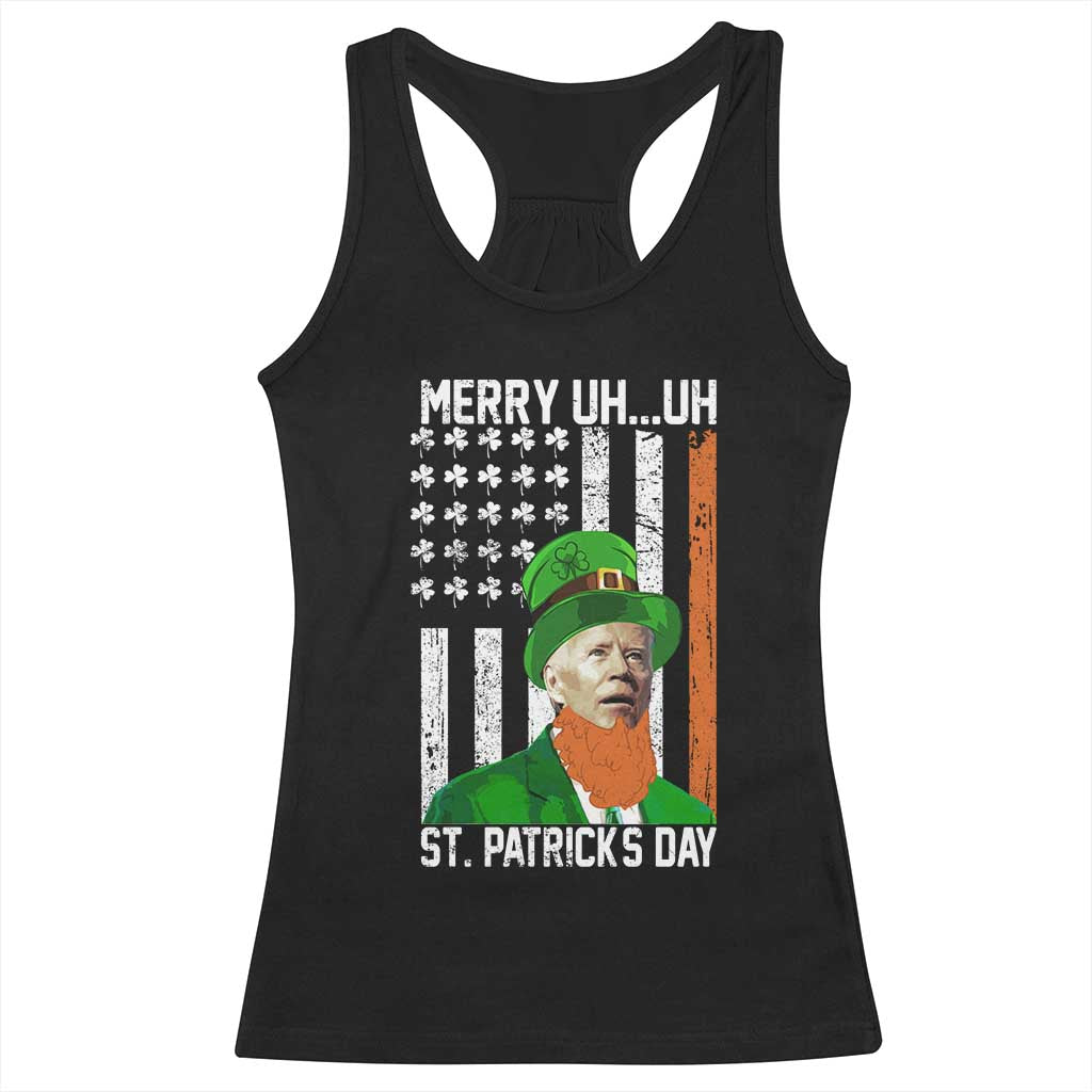 Funny Biden St Patricks Day Racerback Tank Top Merry 4th of Saint Patrick Uh Uh Leprechaun American Flag TS02 Black Print Your Wear