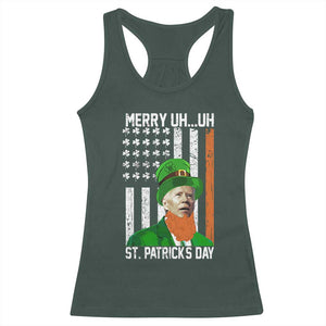 Funny Biden St Patricks Day Racerback Tank Top Merry 4th of Saint Patrick Uh Uh Leprechaun American Flag TS02 Dark Forest Green Print Your Wear