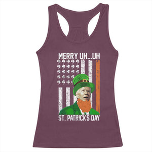 Funny Biden St Patricks Day Racerback Tank Top Merry 4th of Saint Patrick Uh Uh Leprechaun American Flag TS02 Maroon Print Your Wear