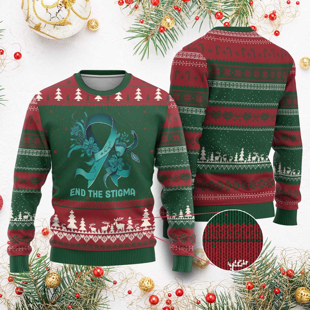 Sexual Assault Awareness Ugly Christmas Sweater End The Stigma Teal Floral Ribbon TS02 Red Green Print Your Wear