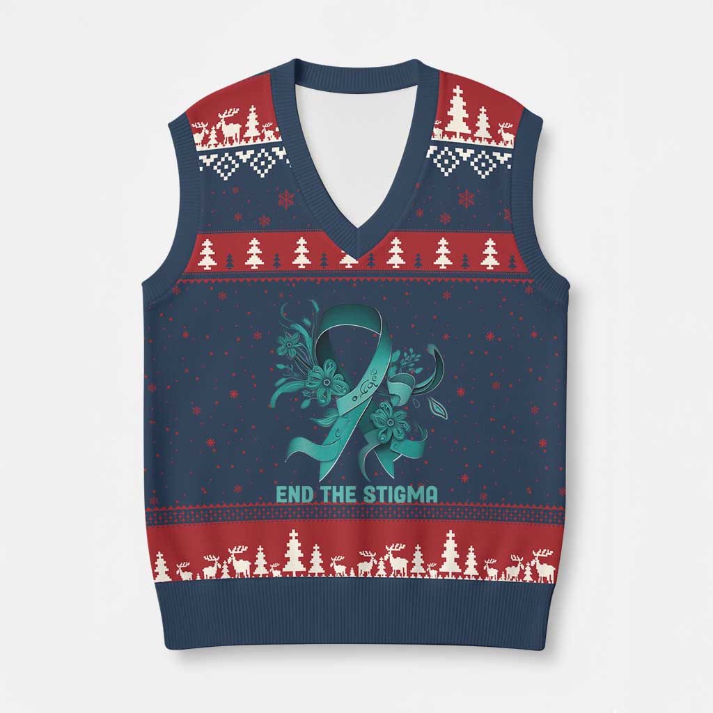 Sexual Assault Awareness V-Neck Knit Sweater Vest End The Stigma Teal Floral Ribbon TS02 Navy Red Print Your Wear