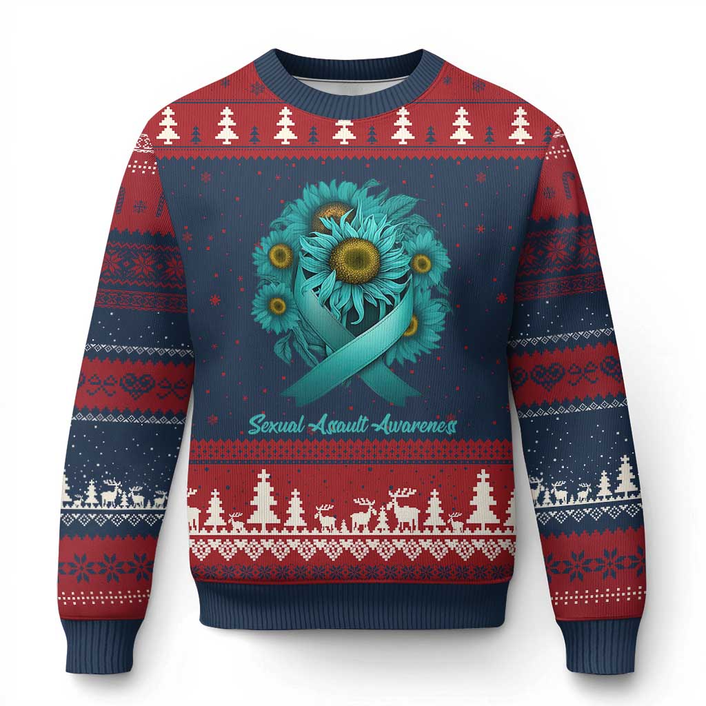 Sexual Assault Awareness Ugly Christmas Sweater Teal Ribbon Sunflowers Support TS02 Navy Red Print Your Wear