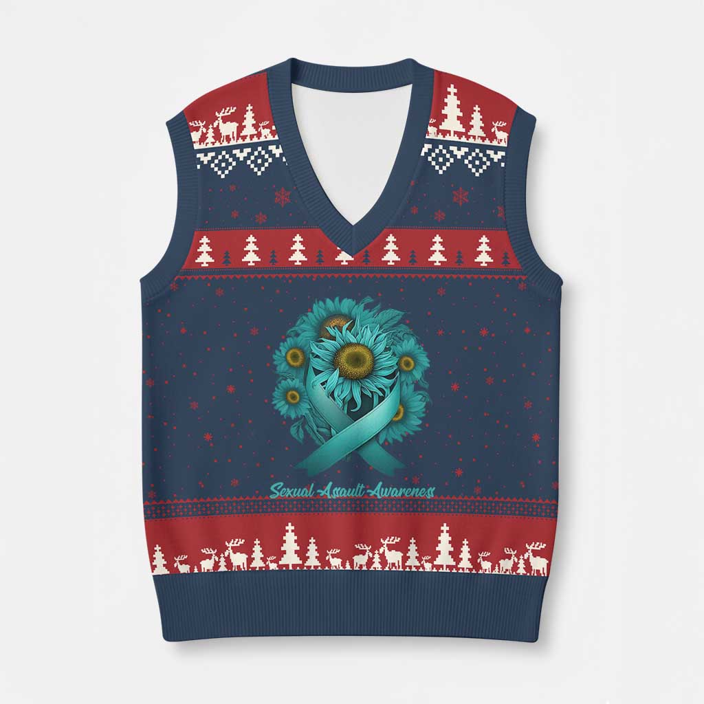 Sexual Assault Awareness V-Neck Knit Sweater Vest Teal Ribbon Sunflowers Support TS02 Navy Red Print Your Wear