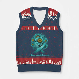 Sexual Assault Awareness V-Neck Knit Sweater Vest Teal Ribbon Sunflowers Support TS02 Navy Red Print Your Wear