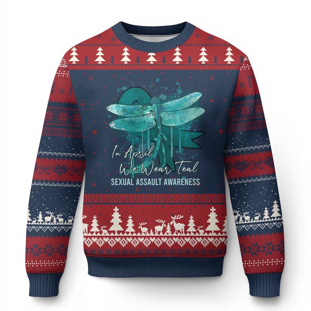 Sexual Assault Awareness Ugly Christmas Sweater In April We Wear Teal Ribbon Butterfly TS02 Navy Red Print Your Wear