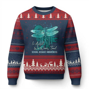 Sexual Assault Awareness Ugly Christmas Sweater In April We Wear Teal Ribbon Butterfly TS02 Navy Red Print Your Wear
