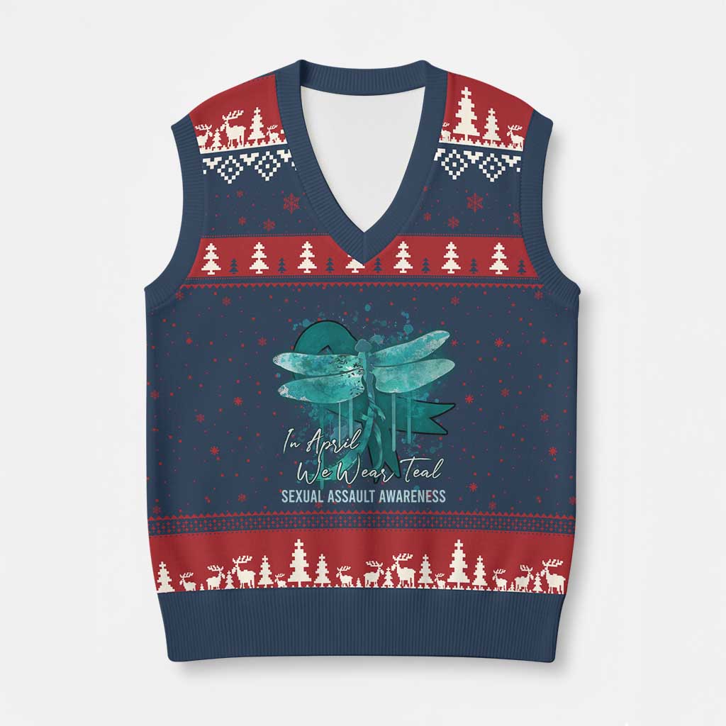 Sexual Assault Awareness V-Neck Knit Sweater Vest In April We Wear Teal Ribbon Butterfly TS02 Navy Red Print Your Wear