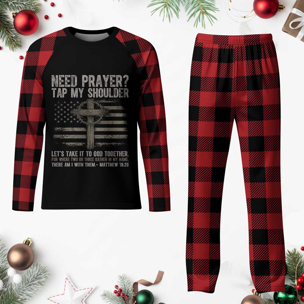 Need Prayer Tap My Shoulder Christian Patriotic Plaid Pajama Set American Flag Cross Crown of Thorns Matthew 18:20 TS02 Buffalo Plaid Print Your Wear
