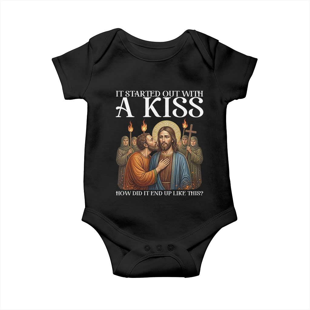It Started Out With A Kiss Funny Jesus Christian Easter Baby Onesie Judas Betrayal Jesus Faith Message Biblical Humor TS02 Black Print Your Wear